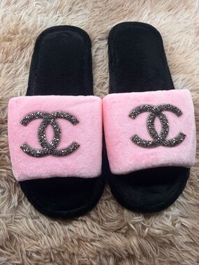 Pink Plush Slide Sandals with Embellished Double-C Logo